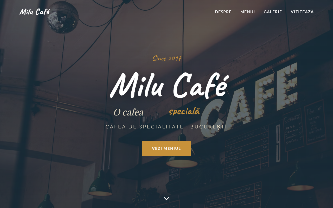 Pagina de prezentare a cafenelei Milu Café, cu imagine de fundal și meniu